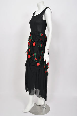 1990 Dolce & Gabbana Black Silk Chiffon Red-Roses Floral Appliqué Dress