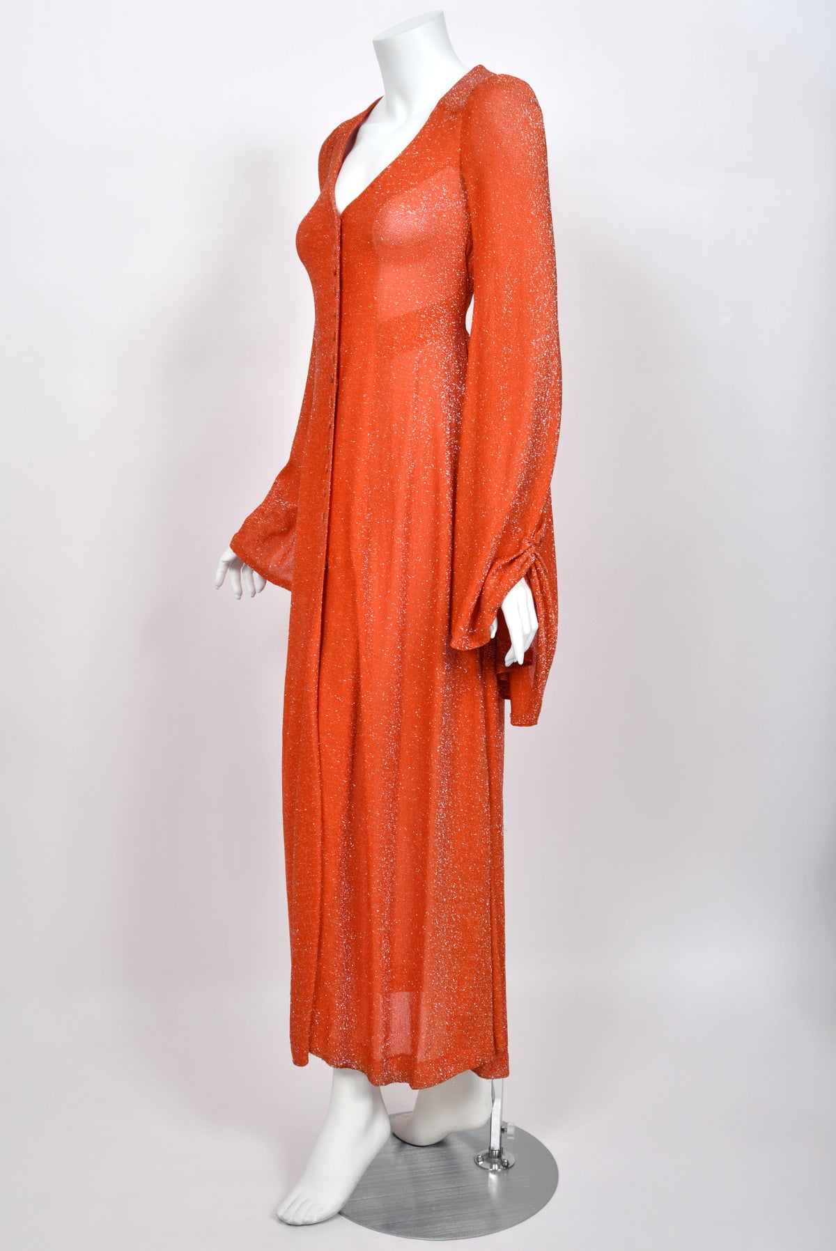 1974 Biba by Barbara Hulanicki Metallic Orange Lurex Angel-Sleeve High Slit Maxi Dress