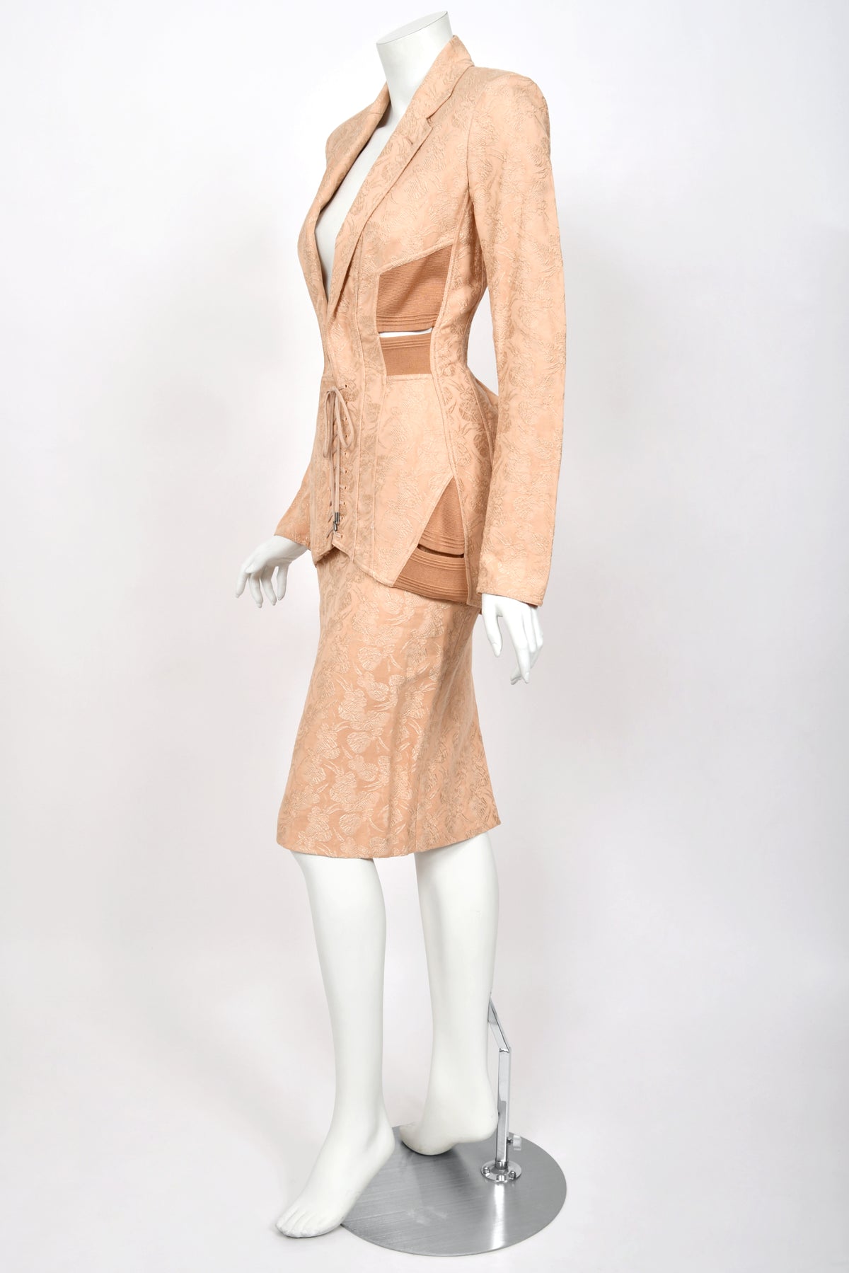 2004 Jean Paul Gaultier Runway Embroidered Blush Pink Corset Jacket & Matching Skirt