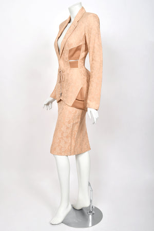 2004 Jean Paul Gaultier Runway Embroidered Blush Pink Corset Jacket & Matching Skirt