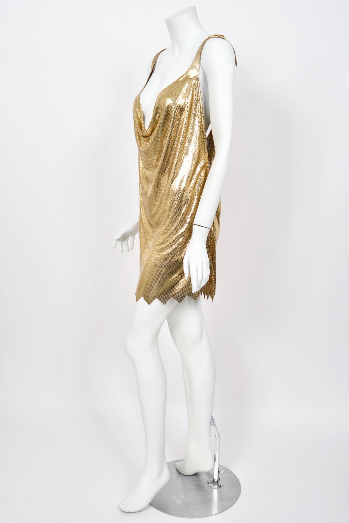 1994 Gianni Versace Iconic Gold Metal-Mesh Chainmail &amp; Leather Draped Mini Dress