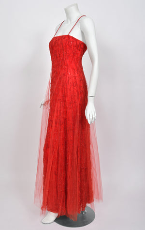 2001 Giorgio Armani 'Kate Moss for Vogue' Magazine Cover Fully-Beaded Ruby Red Silk Tulle Finale Gown