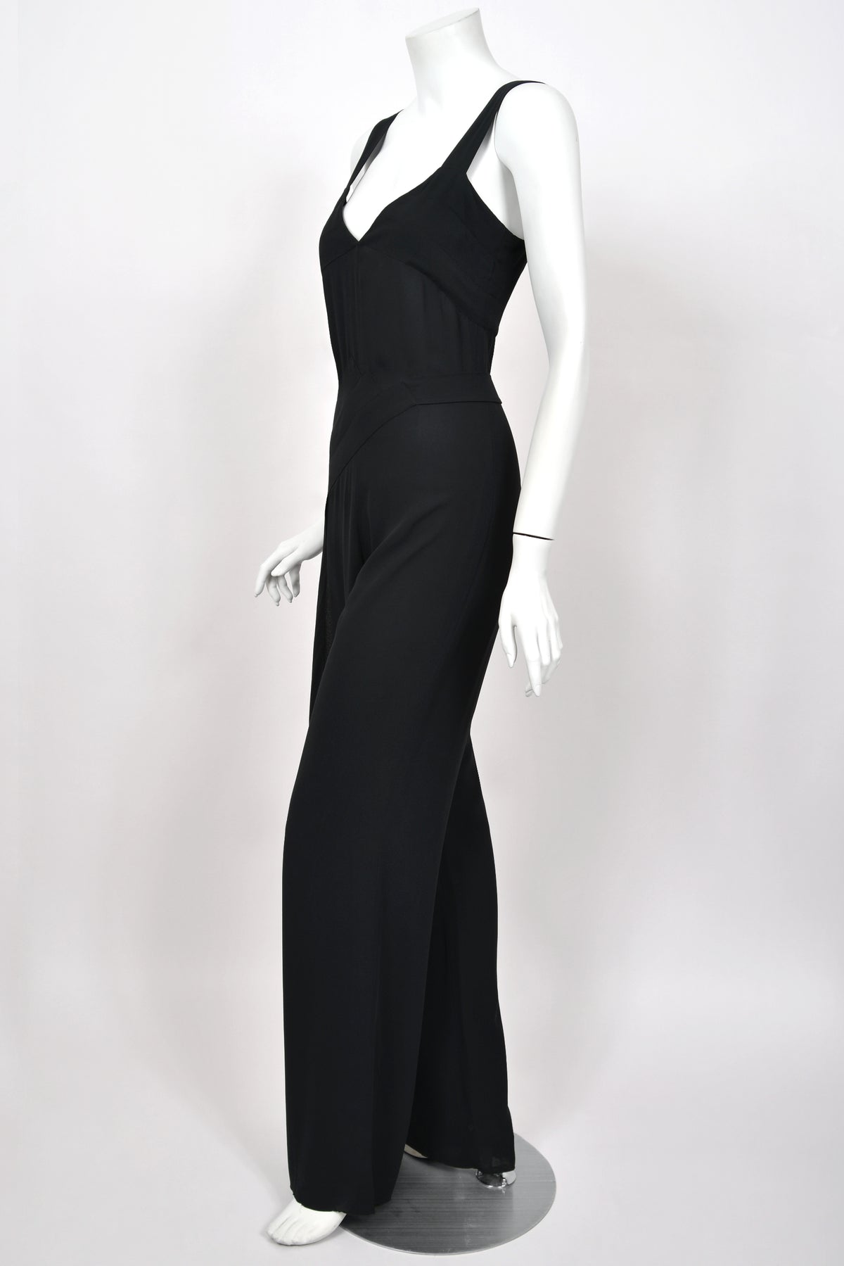 1999 Chanel by Karl Lagerfeld Runway Black Crepe Low-Plunge Draped Sash Jumpsuit