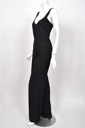 1999 Chanel by Karl Lagerfeld Runway Black Crepe Low-Plunge Draped Sash Jumpsuit