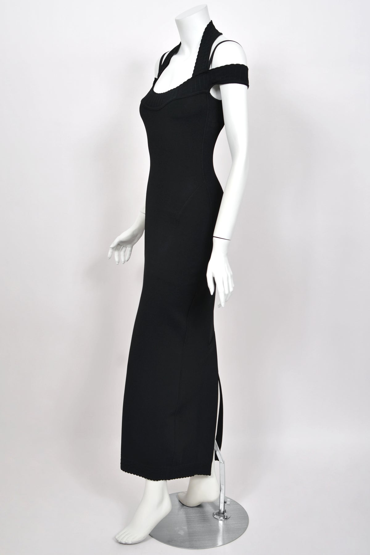 1992 Azzedine Alaia Black Stretch Knit Cold-Shoulder Halter Bodycon Maxi Dress