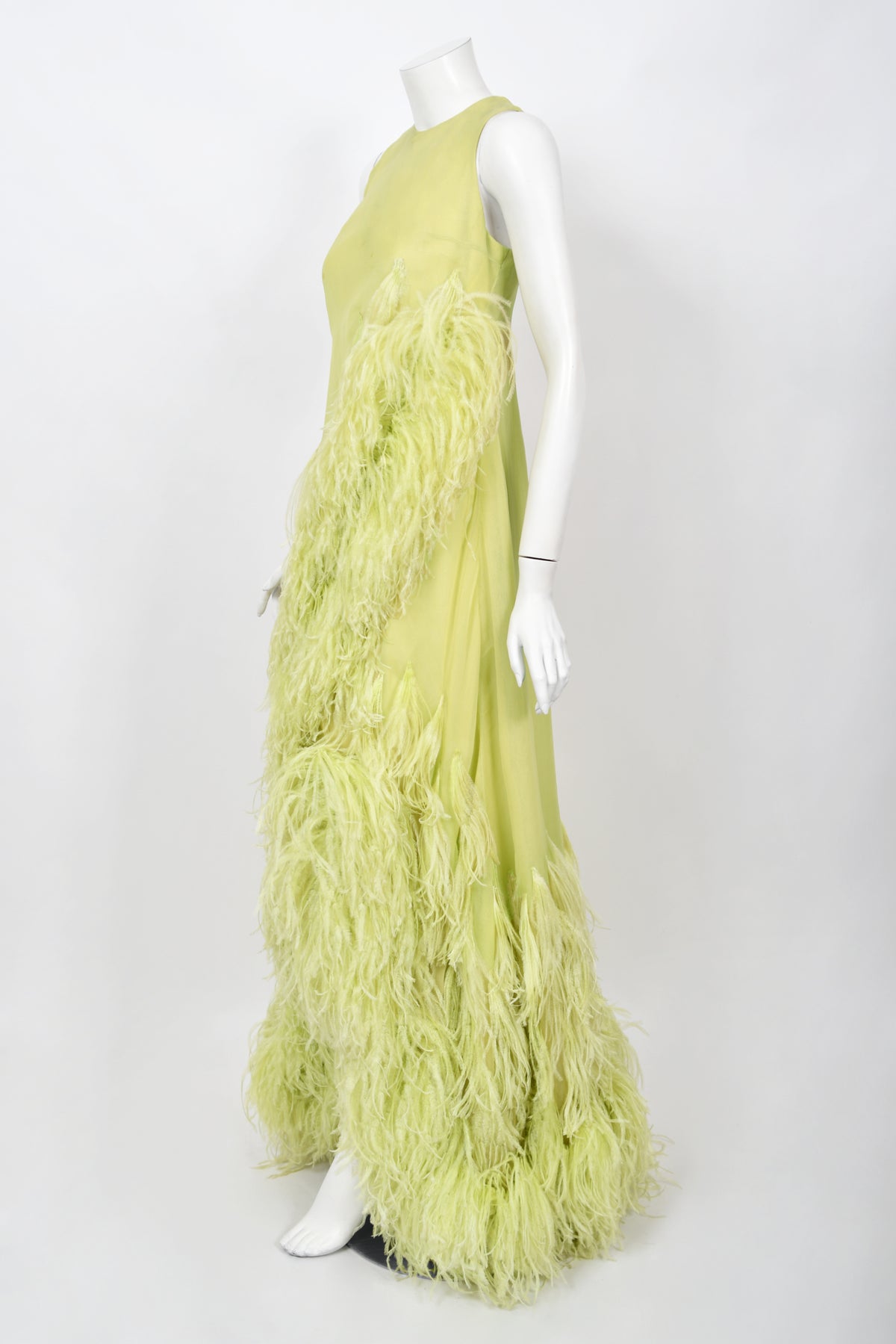 1968 Christian Dior Haute Couture Maria Felix Owned Chartreuse Silk Feather Gown