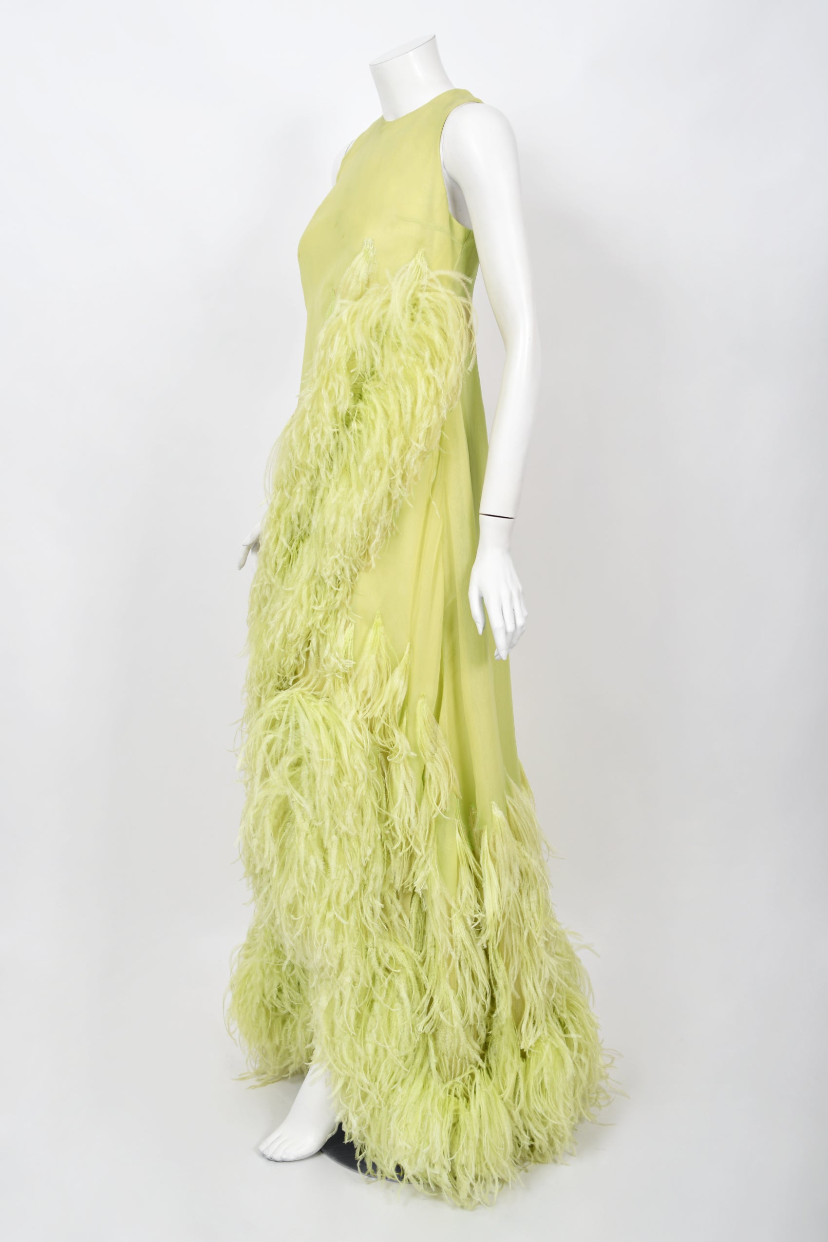 Vintage 1968 Christian Dior Haute Couture Maria Felix Owned Chartreuse Silk  Feather Gown - Timeless Vixen