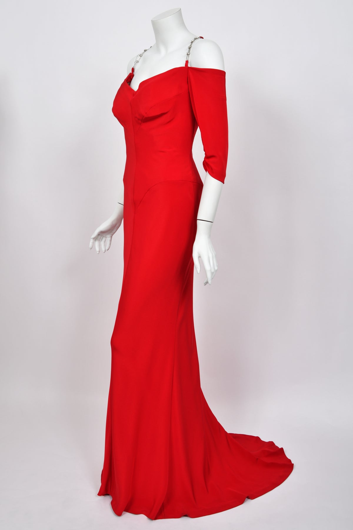 2000 Raquel Welch Custom Couture Ruby-Red Silk Bustier Hourglass Trained Gown