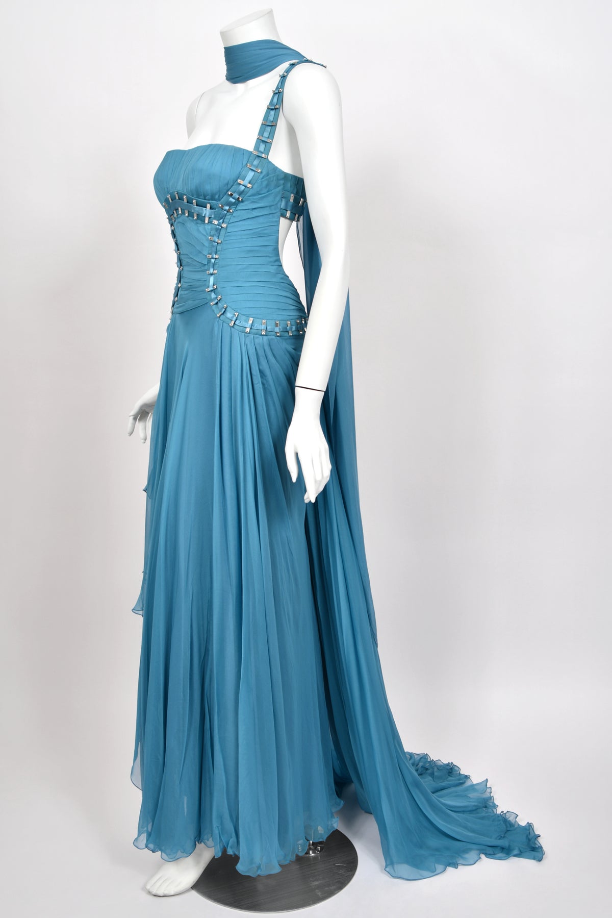 2009 Versace Runway Embellished Blue Silk Chiffon One-Shoulder High Low Gown
