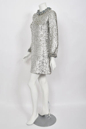 1966 Pierre Cardin Paris Metallic Silver Beaded Sequin Space-Age Mod Mini Dress