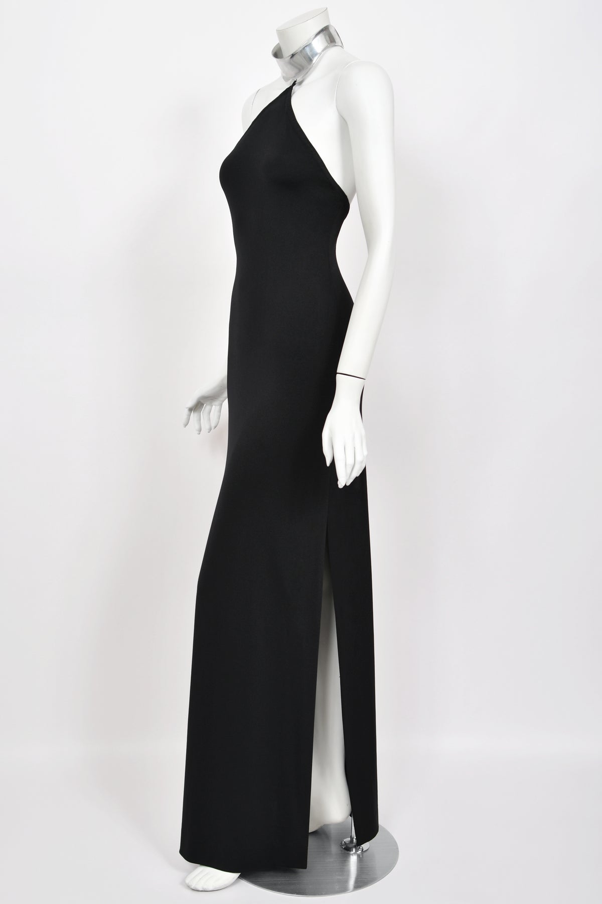 1975 Rudi Gernreich Documented Metal-Collar Black Jersey High-Slit Maxi Dress