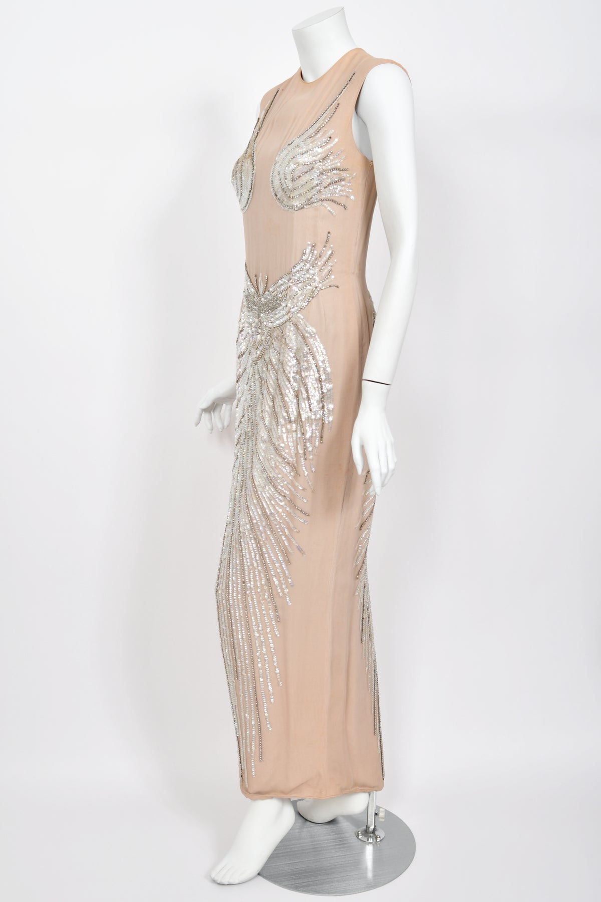 1962 Mr. Blackwell Custom Couture Rhinestone Sequin Wings Nude-Illusion Gown