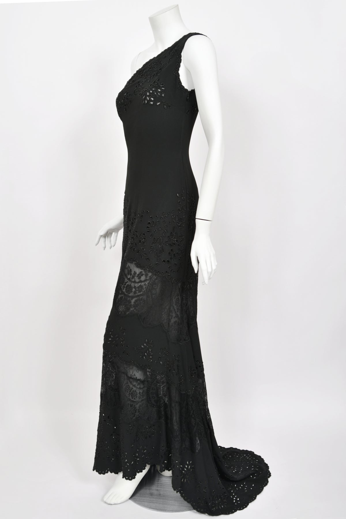1998 Valentino Runway Black Beaded Cut-Out Silk &amp; Sheer Lace Bias-Cut Gown
