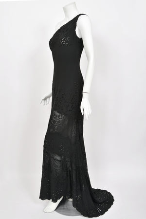 1998 Valentino Runway Black Beaded Cut-Out Silk & Sheer Lace Bias-Cut Gown