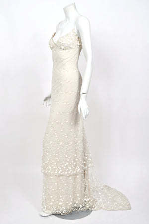 2004 Randi Rahm Couture Embroidered Metallic Ivory Lace Appliqué Trained Slip Gown