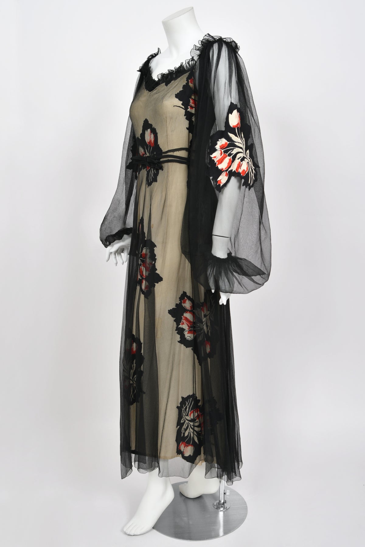 1936 Ginger Rodgers for Lettie Lee ‘Old Hollywood’ Floral Silk Appliqué Billow Sleeve Dress