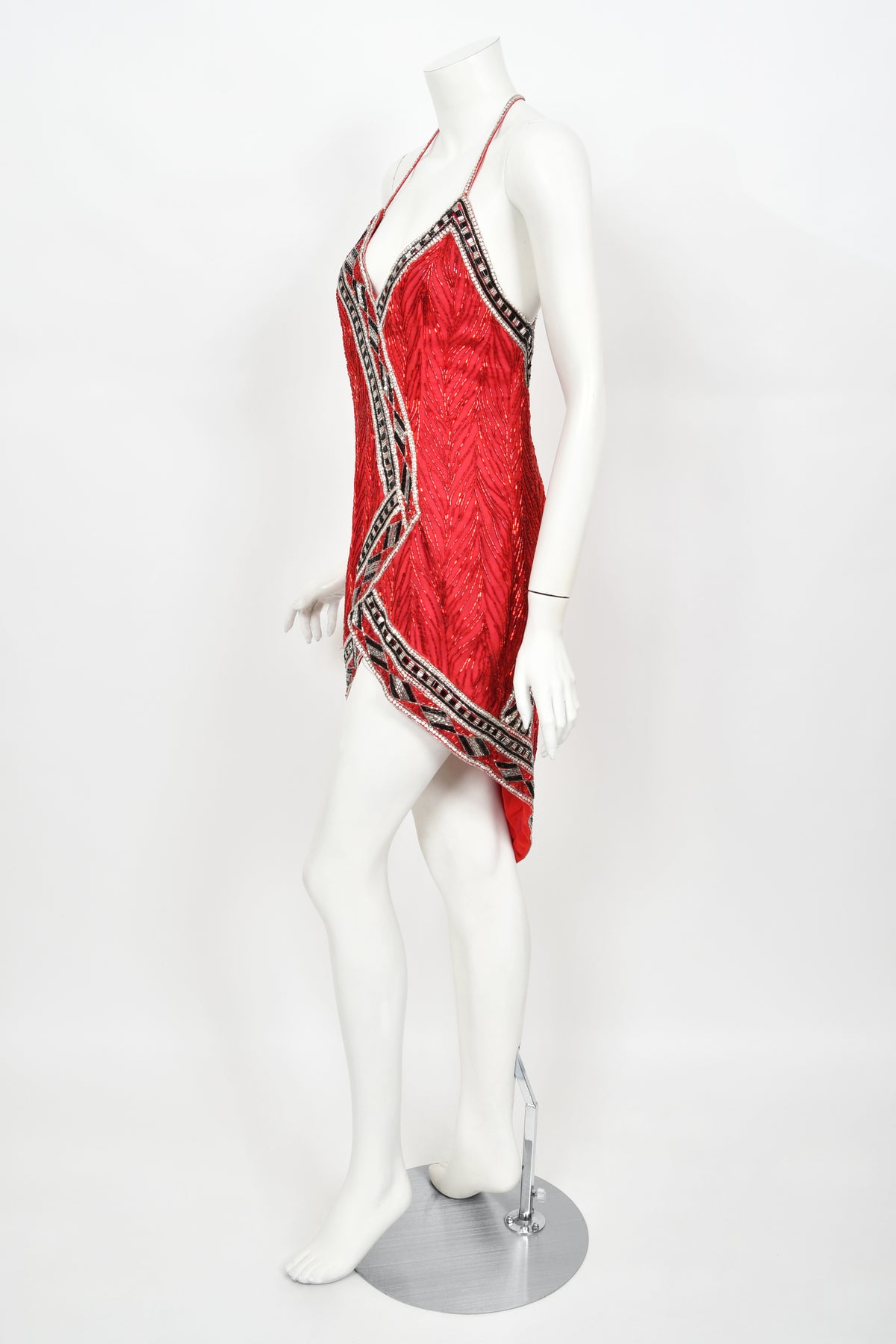 1984 Bob Mackie Documented Fully Beaded Red Silk High Low Micro-Mini Dress