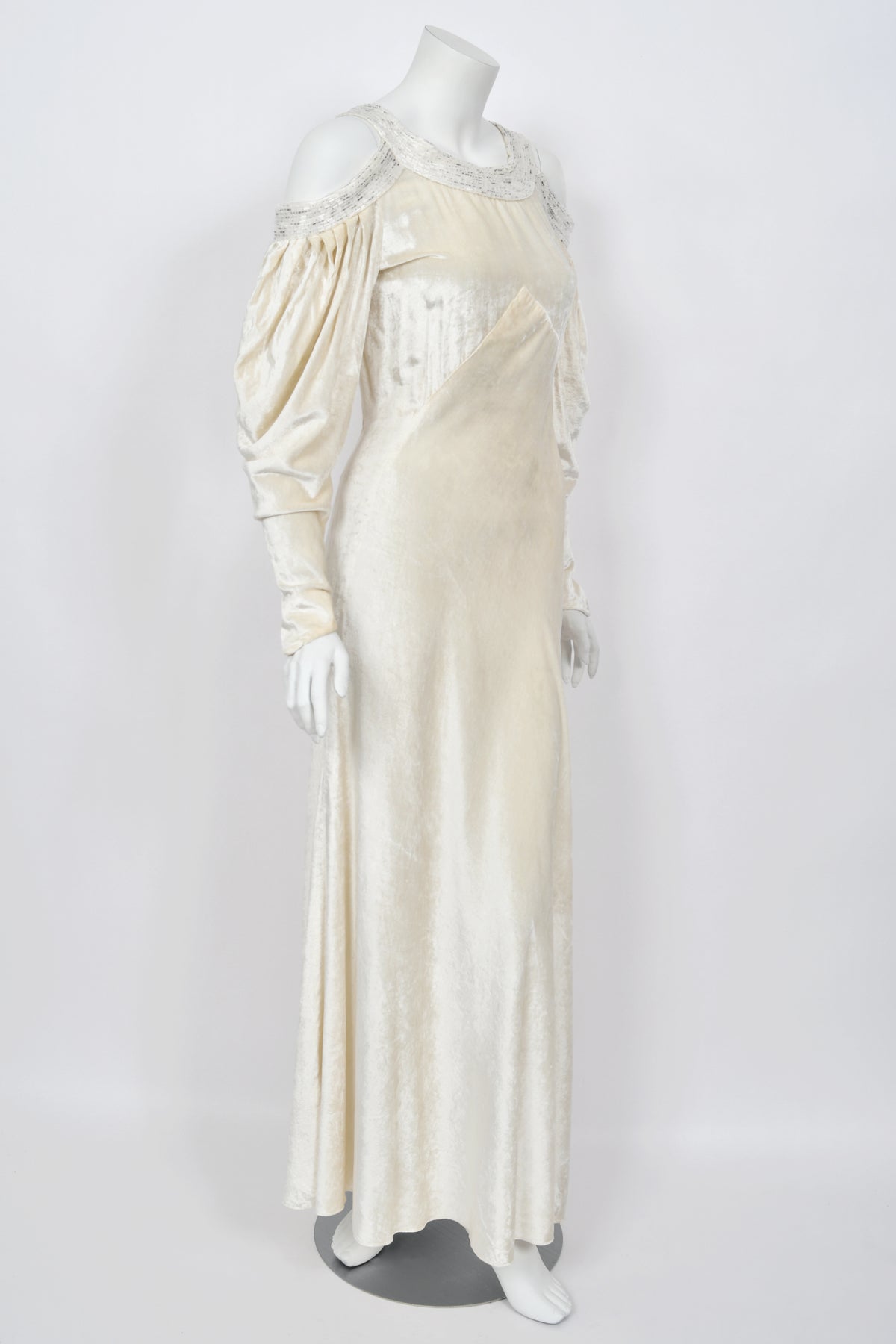 1930's Beaded Ivory Silk-Velvet Cut Out Shoulders Bias-Cut Old Hollywood Gown