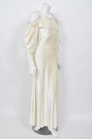 1930's Beaded Ivory Silk-Velvet Cut Out Shoulders Bias-Cut Old Hollywood Gown