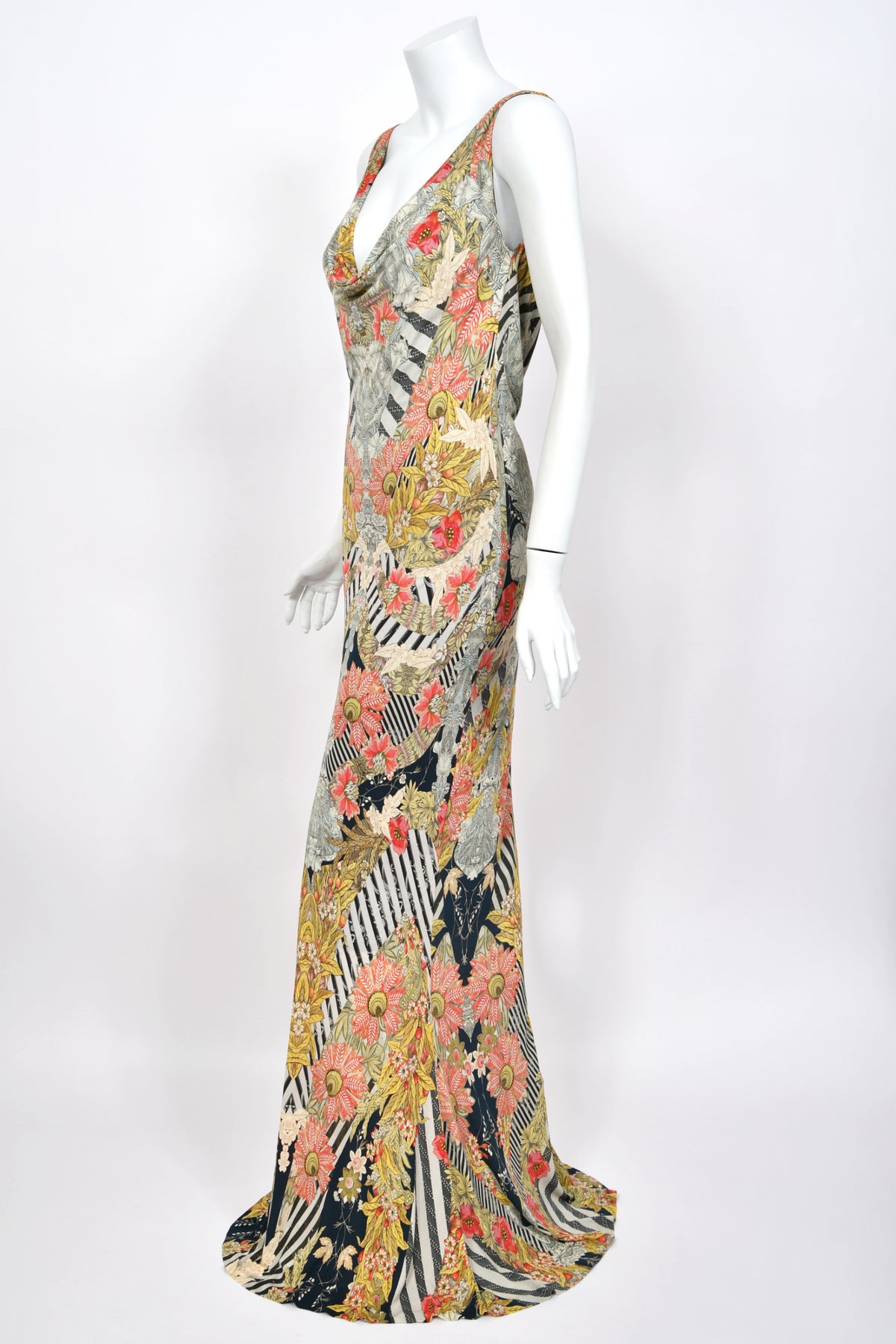 2011 Alexander McQueen 'Folklore Fin' Floral Stripe Print Draped Bias-Cut Gown w/ Shawl