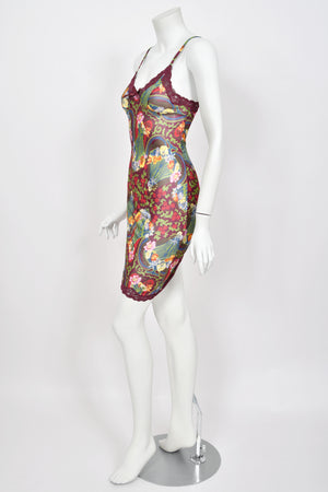 2005 Christian Dior by John Galliano Burgundy Floral Semi-Sheer Mini Slip Dress w/ Tags