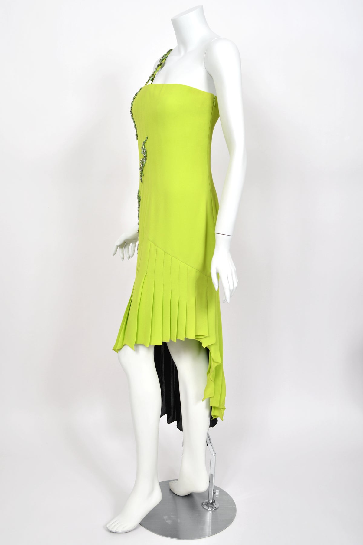 1997 Gianni Versace Lifetime Runway Lime Green & Black Embellished Silk High-Low Dress