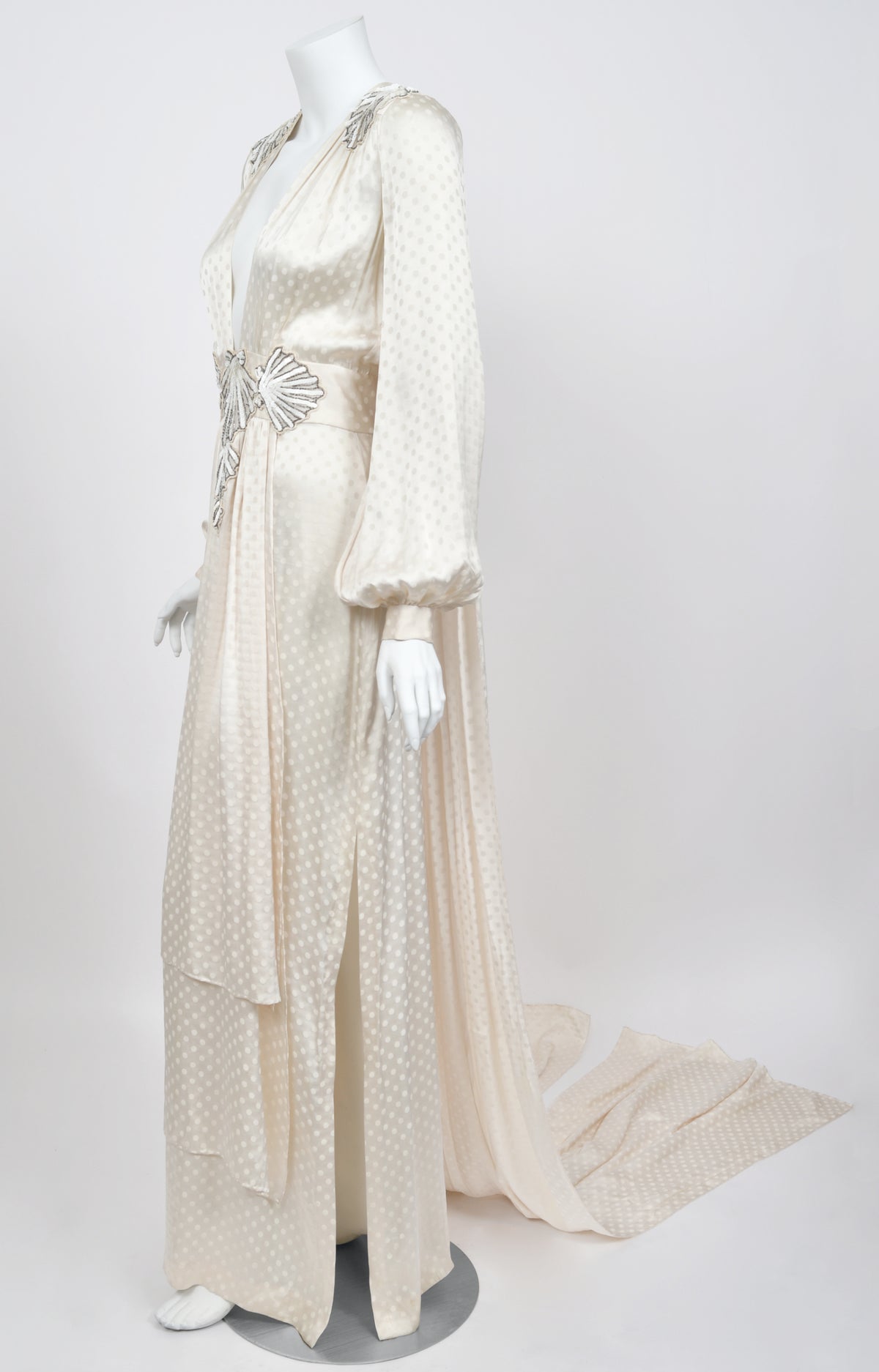 1974 Thea Porter Couture Beaded Sequin Seashells Ivory Silk Billow-Sleeve Trained Gown