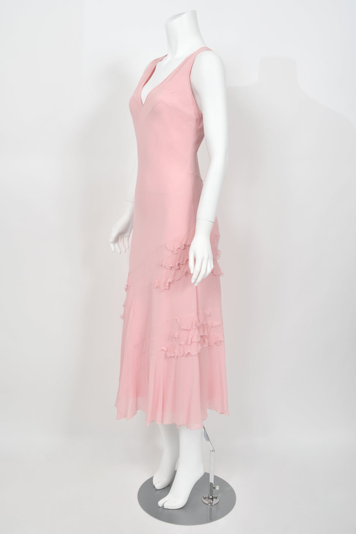 2004 Christian Dior by John Galliano Pastel Pink Silk Tiered Ruffle Bias-Cut Dress