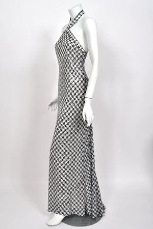 1984 Chanel by Karl Lagerfeld Black & White Sequin Houndstooth Silk Bias-Cut Halter Gown