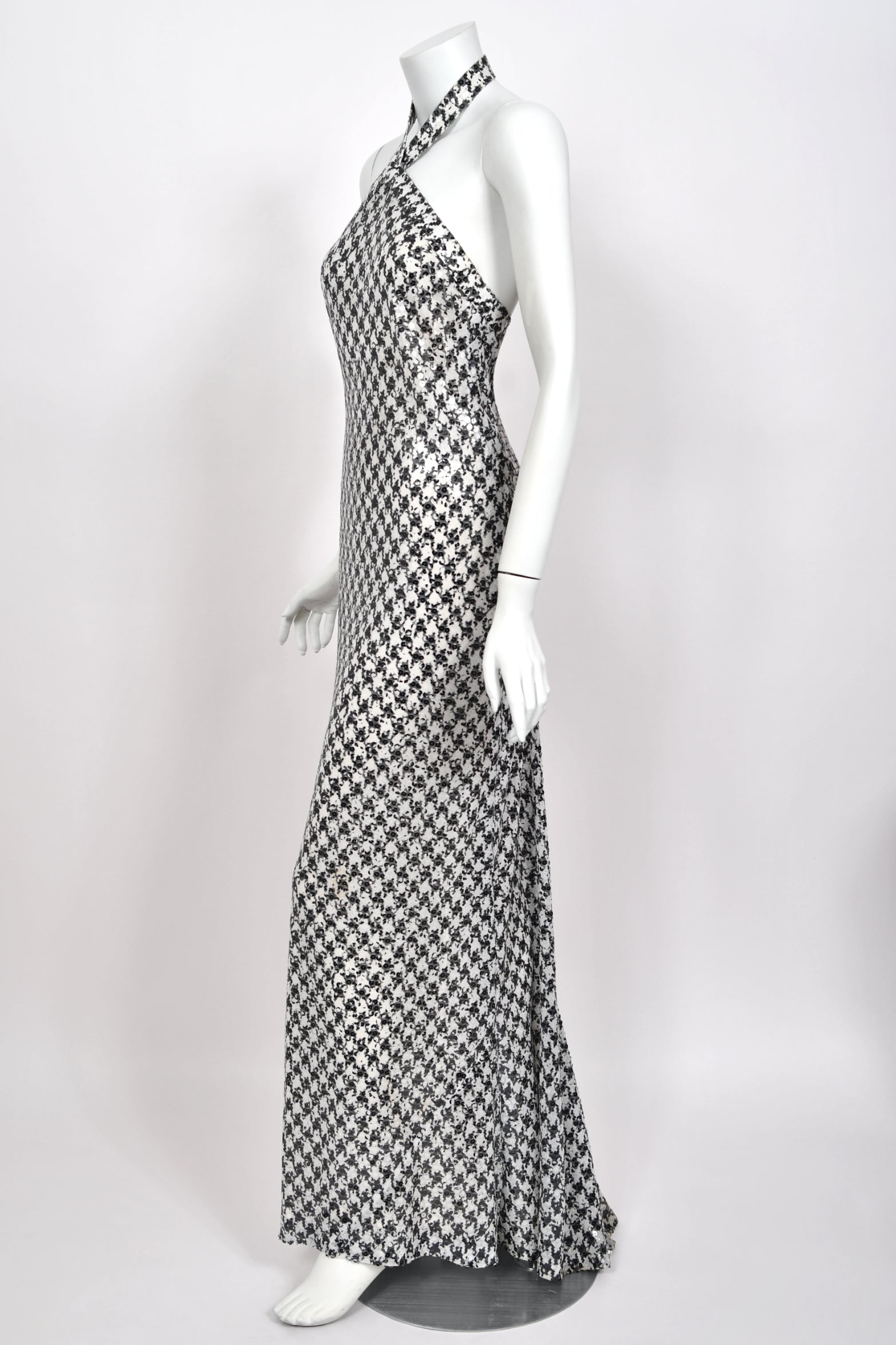 1984 Chanel by Karl Lagerfeld Black & White Sequin Houndstooth Silk Bias-Cut Halter Gown