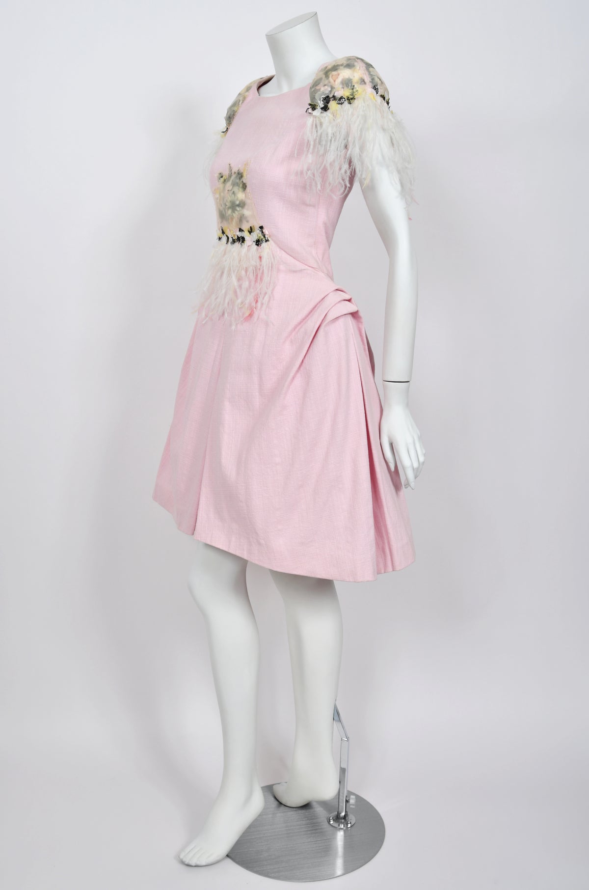 2013 Chanel by Karl Lagerfeld Runway Sample Pink Linen Floral Appliqué &amp; Feathers Dress