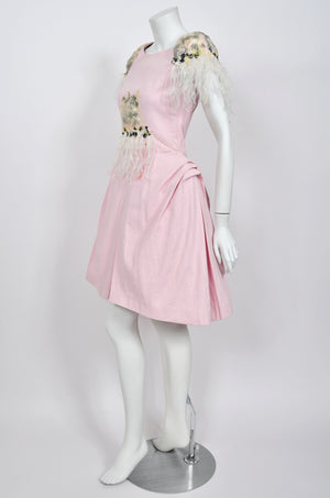 2013 Chanel by Karl Lagerfeld Runway Sample Pink Linen Floral Appliqué & Feathers Dress