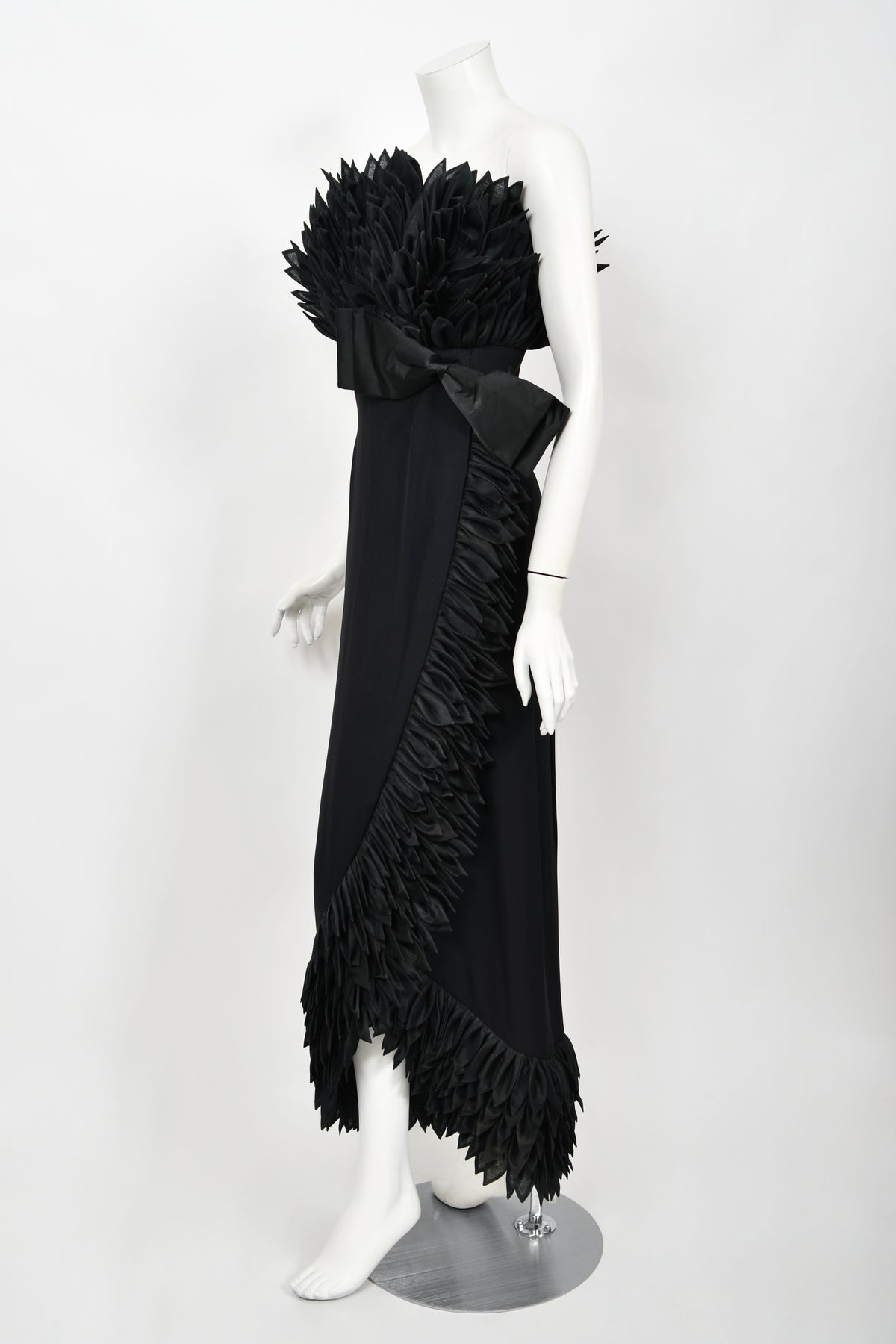1959 Hall Ludlow Couture Museum-Held Black Silk Appliquéd Petals Hourglass Gown
