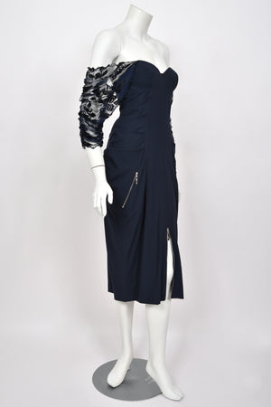 2004 Christian Dior by John Galliano Navy Stretch Silk Sheer-Sleeves Hourglass Dress
