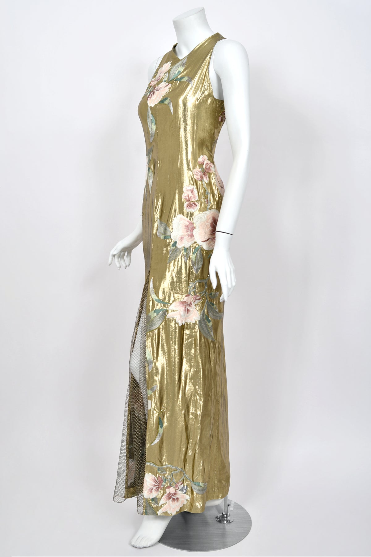 1997 Valentino Runway Metallic Gold Beaded Embroidered Floral Lamé Silk High Slit Column Gown