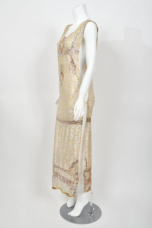 1920's Iridescent Ivory & Gold Beaded Sequin Sheer-Net Tabard Flapper Dress