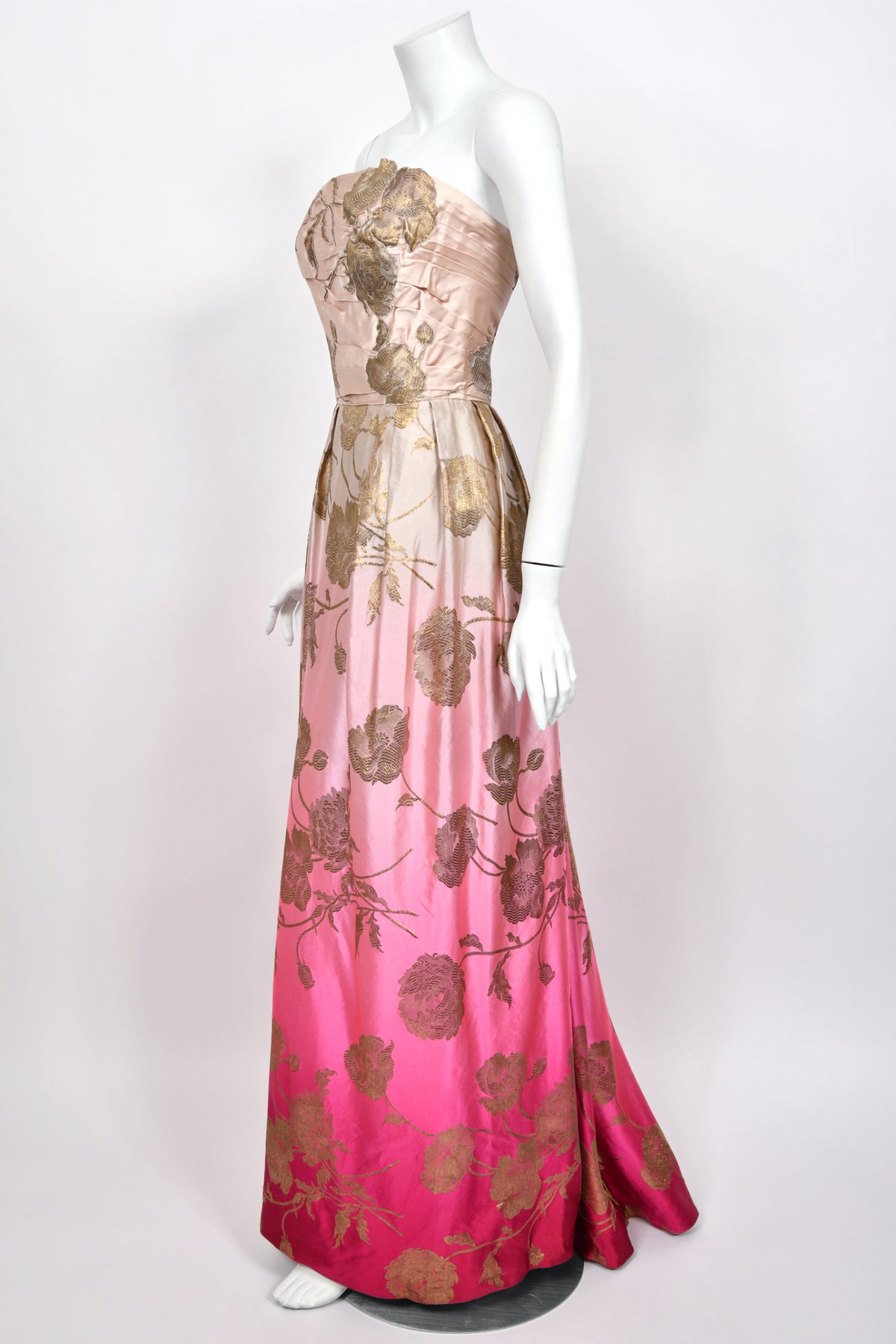 1950’s Philip Hulitar Couture Metallic Floral Ombré Pink Silk Satin Appliquéd Strapless Gown