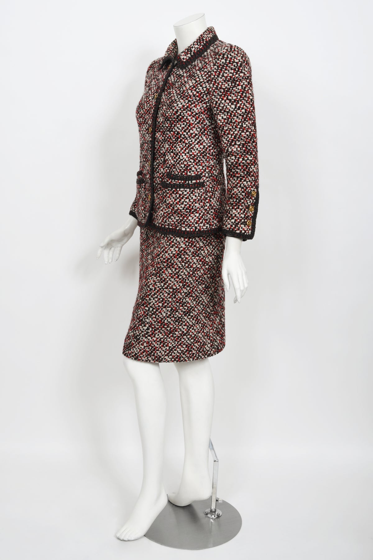 1973 Chanel Haute Couture Red Black Ivory Wool Tweed Jacket & Skirt Suit