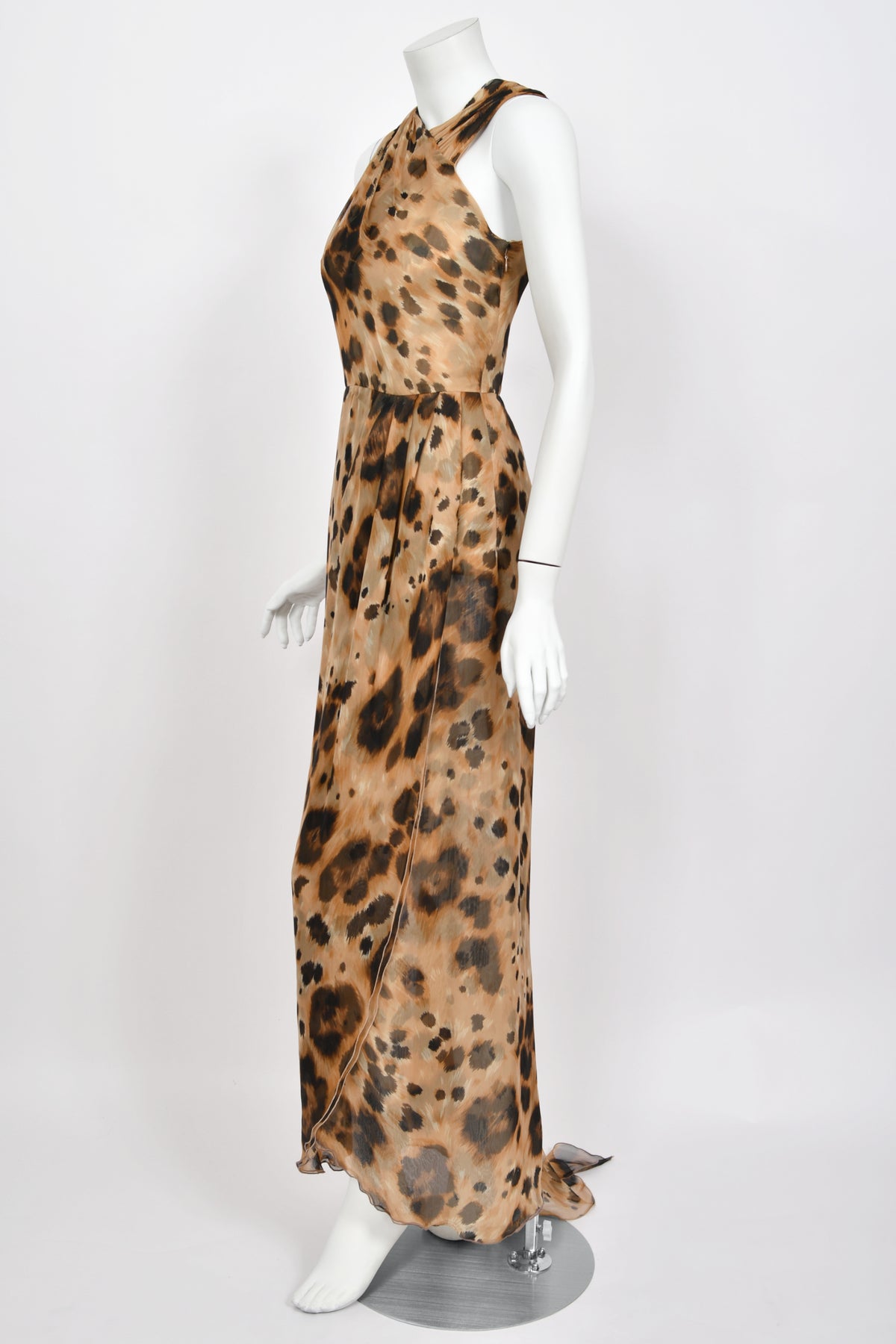 1996 Valentino Runway Editorial Leopard Print Sheer Silk Draped-Sash Gown