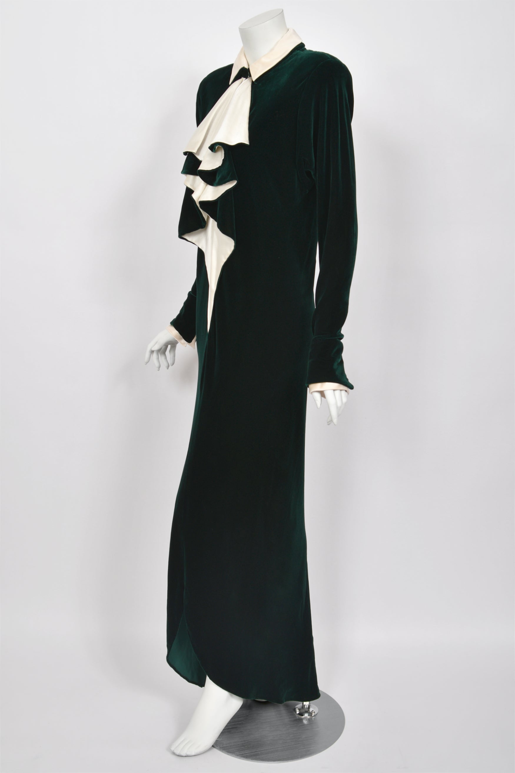 1978 Halston Couture Dark Green Velvet & Ivory Silk Ruffle Gown - Timeless Vixen 1978 Halston Couture Dark Green Velvet & Ivory Silk Ruffle Gown - Timeless Vixen