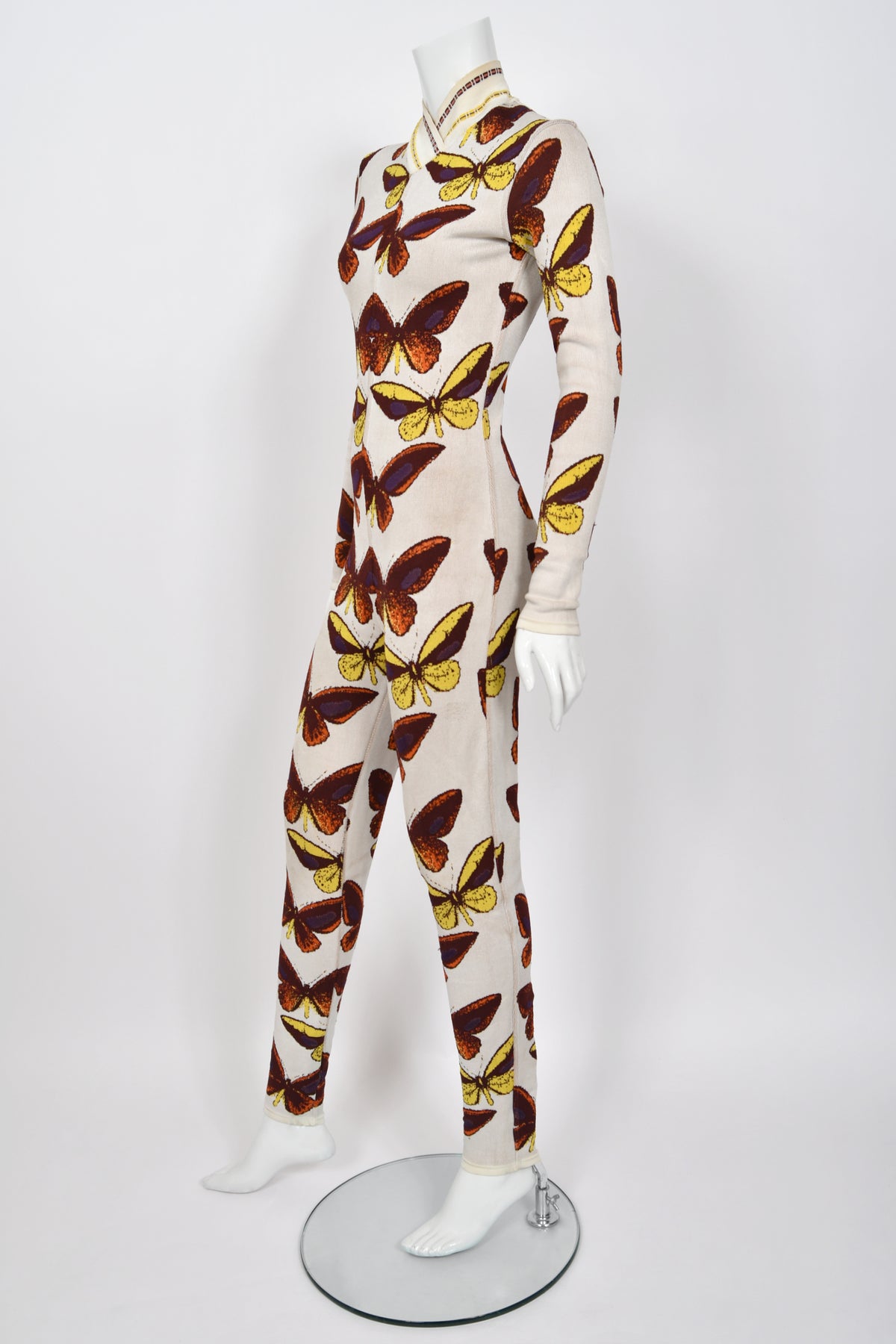 1991 Azzedine Alaïa Iconic Runway Butterfly Print Ivory Stretch Knit Bodycon Catsuit