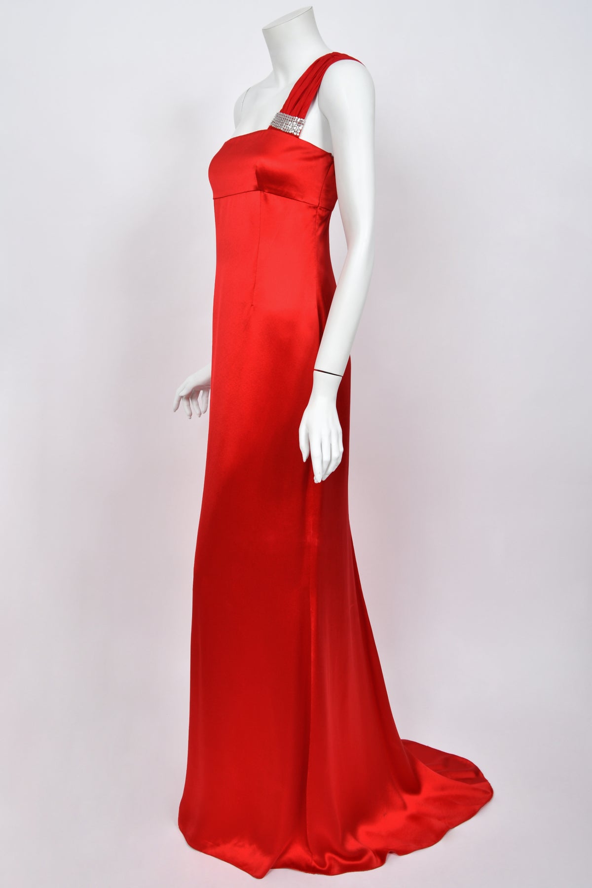 2008 Valentino Ruby Red Sequin Silk Asymmetric One-Shoulder Draped Sash Gown w/Tags
