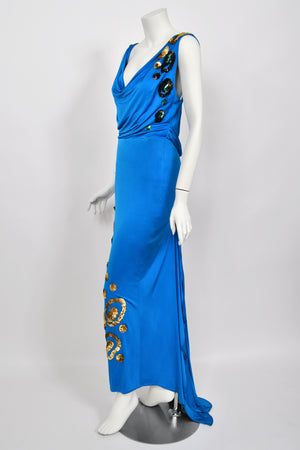 2007 John Galliano Ocean Blue Sequin Viscose Draped Backless Hourglass Gown