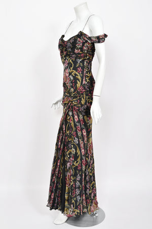 2004 John Galliano Needlepoint Floral Print Silk Bias-Cut Gown w/ Matching Scarf