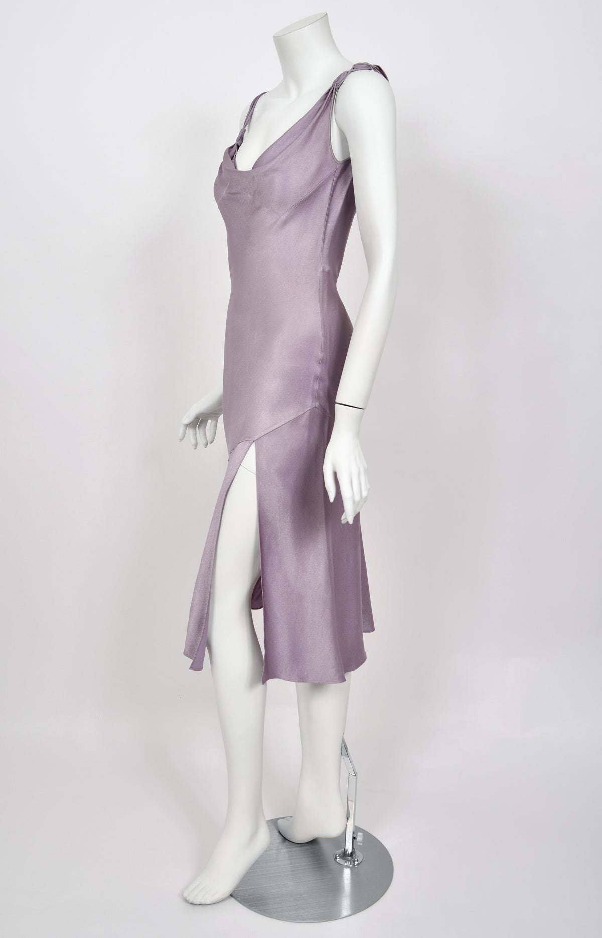 2000 John Galliano Lilac Satin Asymmetric Draped High Slit Bias-Cut Slip Dress