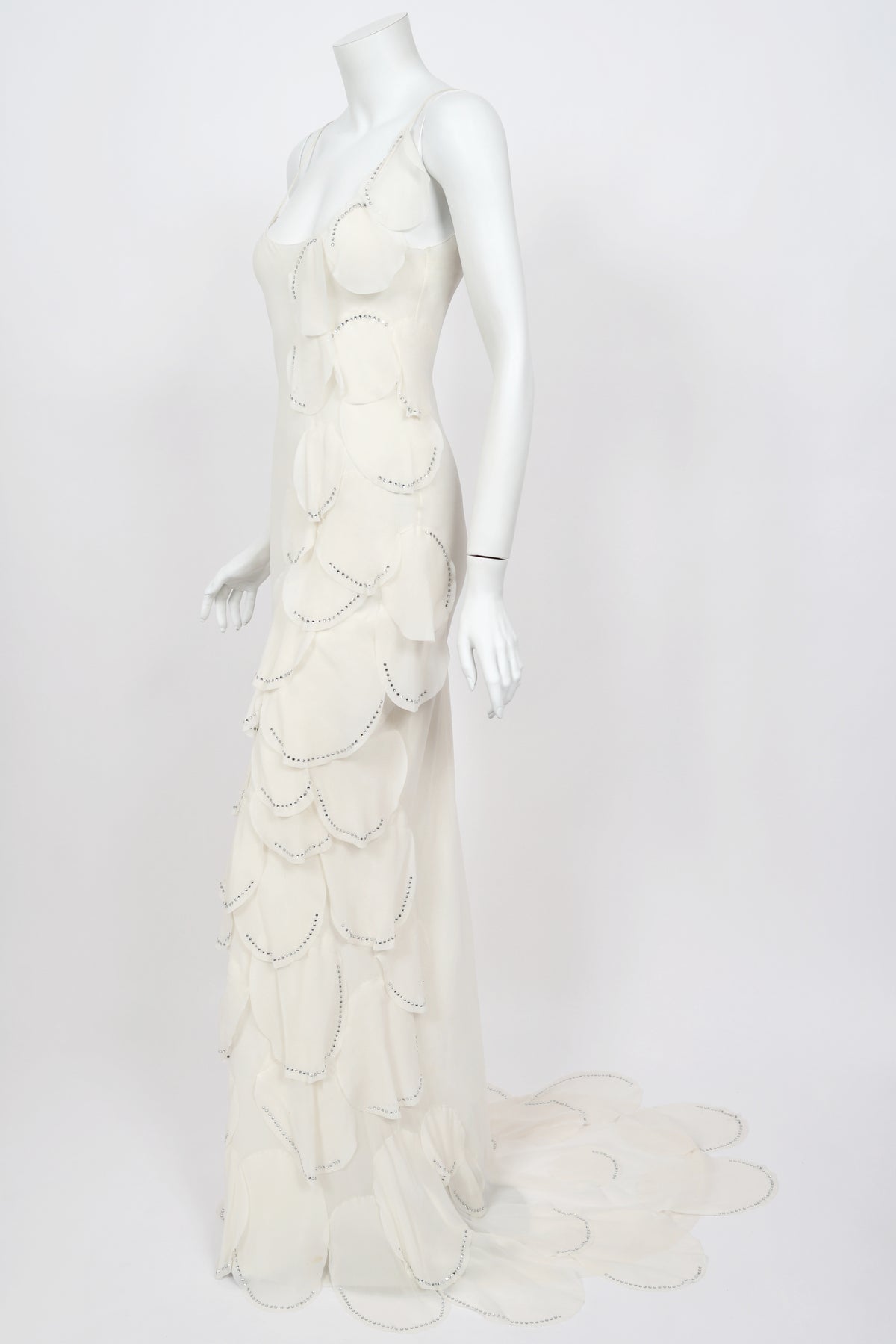 1990 Angelo Tarlazzi Paris Couture Ivory Silk Rhinestone Petals Bias-Cut Trained Gown