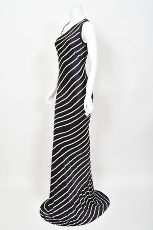 2003 Alexander McQueen Navy Blue Silk Button Embellished Stripes Bias-Cut Gown