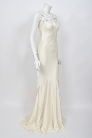 2004 John Galliano Ivory Satin Crystal Accented Bias-Cut Trained Bridal Gown