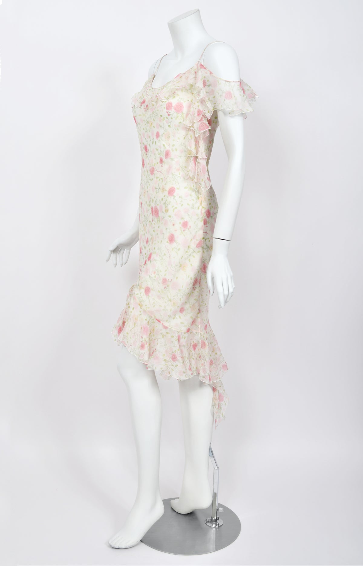 1999 Christian Dior by John Galliano Pink Roses Print Silk Off Shoulder Bias-Cut Dress