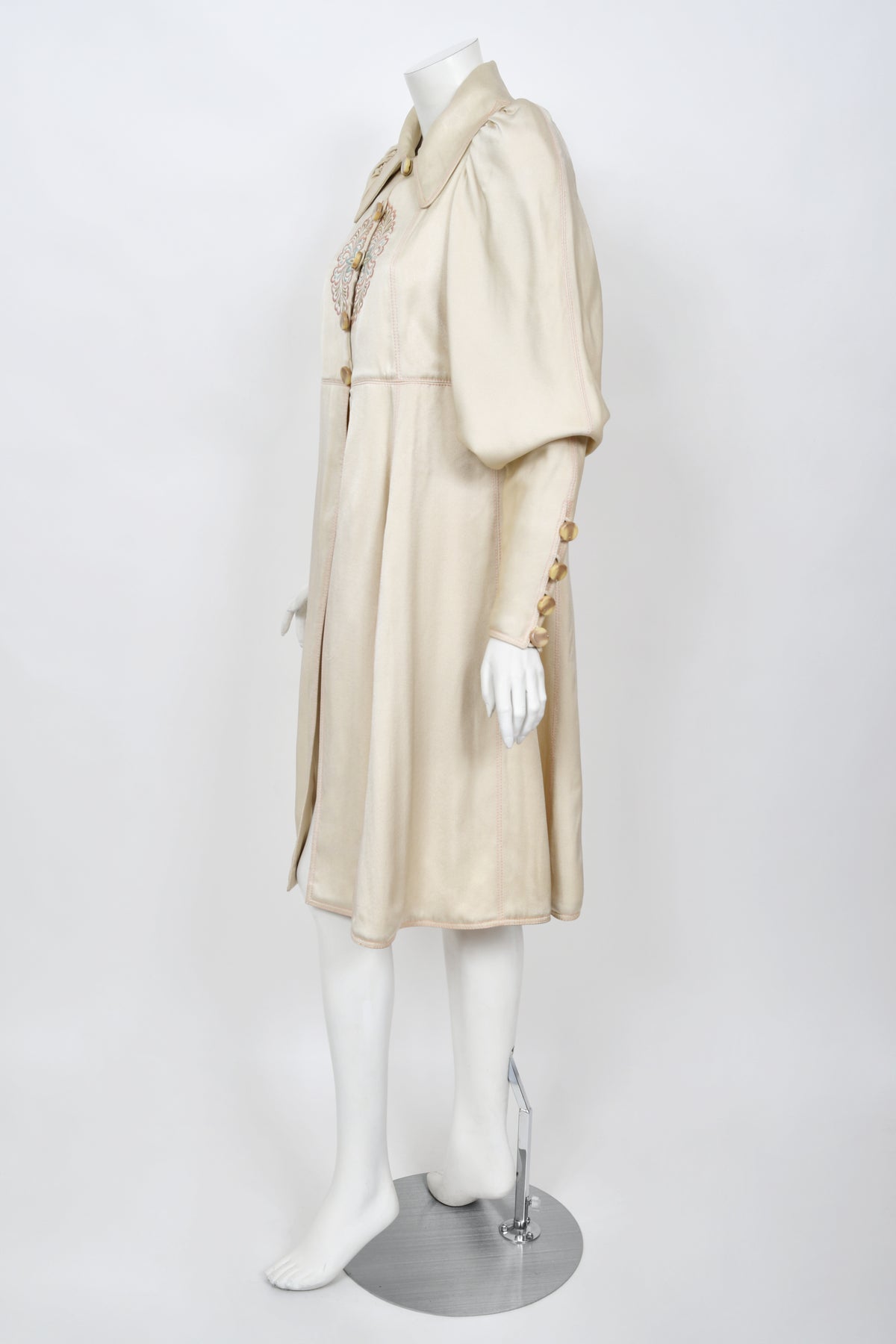 1973 Bill Gibb Couture Embroidered Ivory Satin Mutton-Sleeve Jacket &amp; Vest